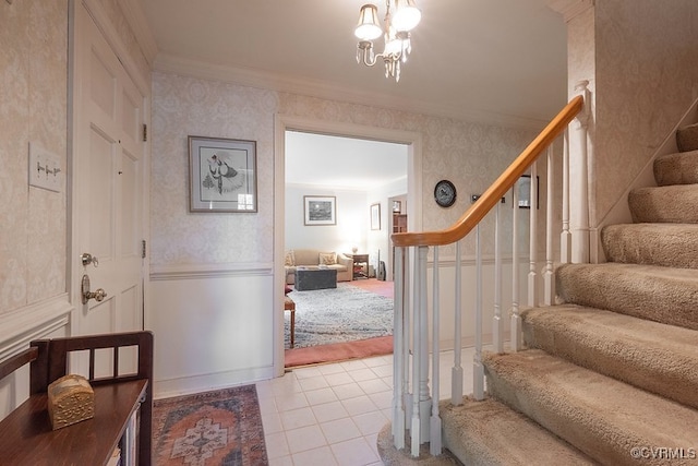 570 Three Chopt Rd, Manakin Sabot, VA 23103 - foyer with stairs, wallpapered walls, light tile patterned floors, crown molding, and a chandelier
