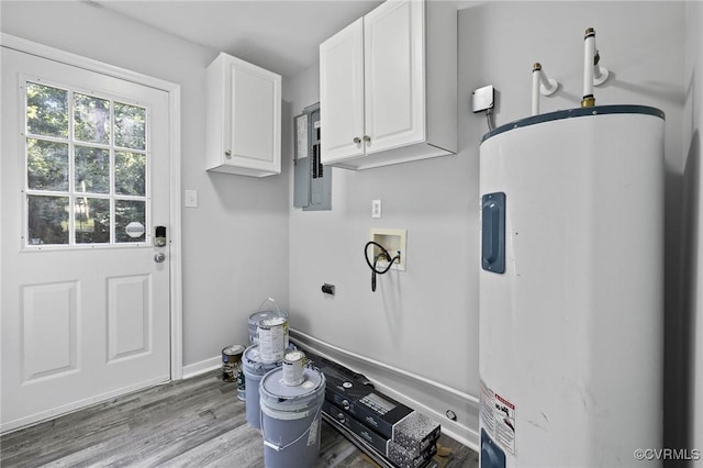 1203 Lemonwood Dr, North Prince George, VA 23860 - laundry room with electric water heater, electric panel, hookup for a washing machine, wood finished floors, and electric dryer hookup