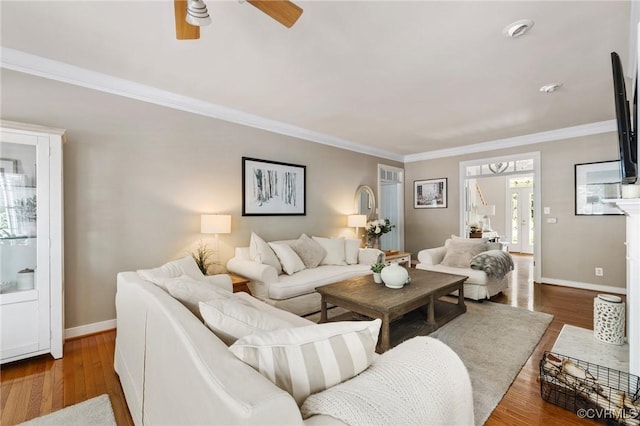 14230 Post Mill Dr, Midlothian, VA 23113 - living area featuring crown molding, ceiling fan, and dark wood-style flooring