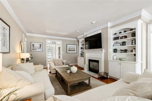 14230 Post Mill Dr, Midlothian, VA 23113 - living area featuring ornamental molding, a high end fireplace, dark wood-type flooring, and built in shelves
