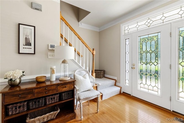 14230 Post Mill Dr, Midlothian, VA 23113 - foyer featuring stairway, crown molding, and light wood-style flooring