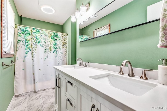 10613 Poachers Run, Chesterfield, VA 23832 - full bathroom with marble look tile flooring, double vanity, healthy amount of natural light, and curtained shower
