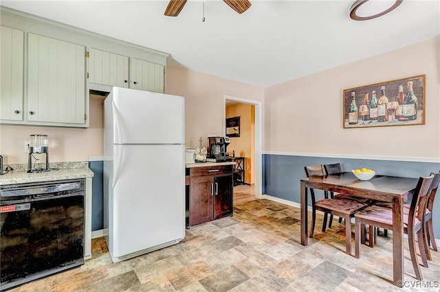 10613 Poachers Run, Chesterfield, VA 23832 - kitchen with freestanding refrigerator, dishwasher, stone finish flooring, and a ceiling fan