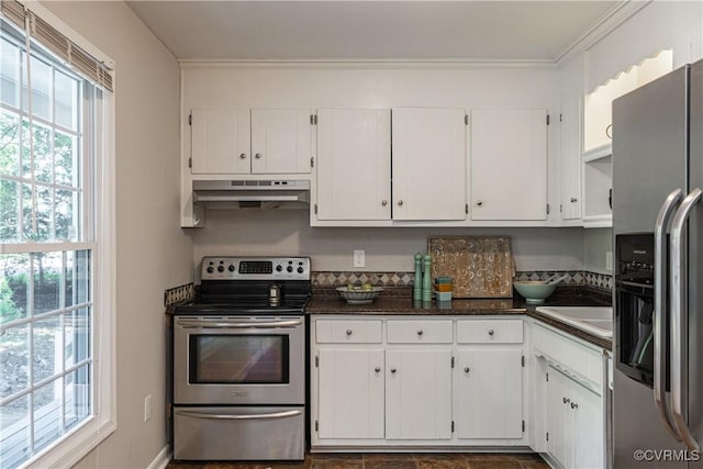 3126 Shiloh Church Rd, Midlothian, VA 23112 - kitchen featuring stainless steel appliances, under cabinet range hood, plenty of natural light, white cabinets, and ornamental molding