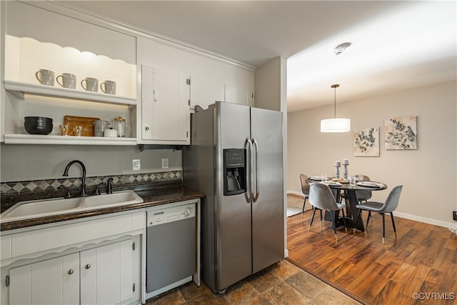3126 Shiloh Church Rd, Midlothian, VA 23112 - kitchen with appliances with stainless steel finishes, dark countertops, white cabinetry, open shelves, and pendant lighting