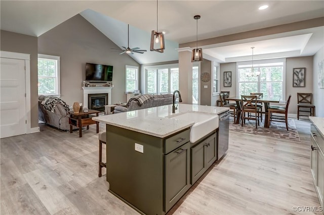 3016 Maple Grove Ln, Powhatan, VA 23139 - kitchen featuring stainless steel dishwasher, plenty of natural light, a glass covered fireplace, light wood finished floors, and recessed lighting