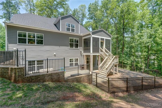 3016 Maple Grove Ln, Powhatan, VA 23139 - back of property featuring a sunroom, stairway, and roof with shingles