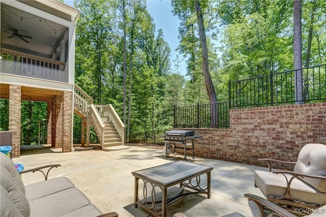 3016 Maple Grove Ln, Powhatan, VA 23139 - view of patio featuring stairway, grilling area, a ceiling fan, and a sunroom