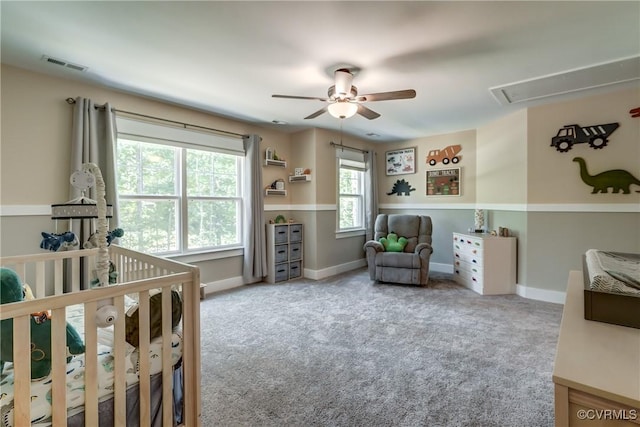 3016 Maple Grove Ln, Powhatan, VA 23139 - bedroom with attic access, multiple windows, carpet flooring, and a crib