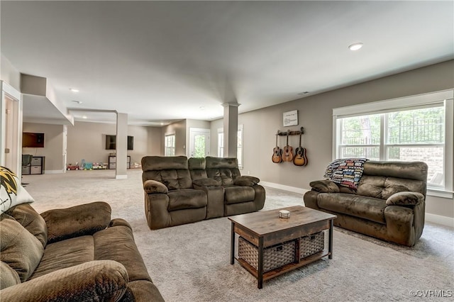 3016 Maple Grove Ln, Powhatan, VA 23139 - living room featuring decorative columns, carpet, and recessed lighting