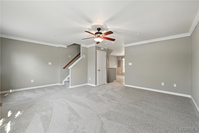 3036 Perdue Springs Ln, Chester, VA 23831 - unfurnished living room with a ceiling fan, crown molding, stairs, and carpet