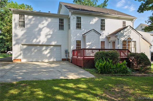 8248 Hampton Arbor Cir, Chesterfield, VA 23832 - rear view of house with a garage, a deck, concrete driveway, and a yard