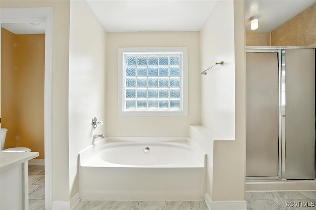 8248 Hampton Arbor Cir, Chesterfield, VA 23832 - bathroom with a garden tub, marble look tile flooring, and a stall shower