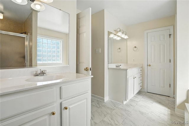 8248 Hampton Arbor Cir, Chesterfield, VA 23832 - full bathroom with two vanities, marble finish floors, and a stall shower