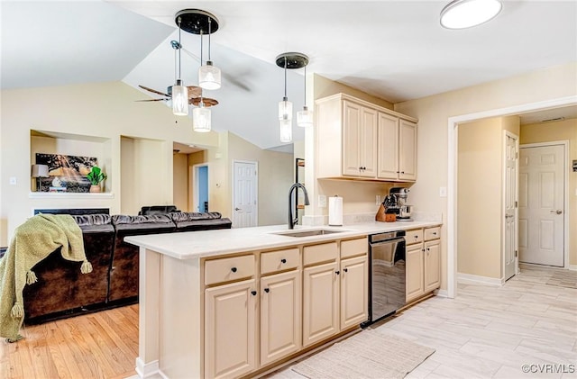5773 S Jessup Rd, Chesterfield, VA 23832 - kitchen with dishwasher, light countertops, lofted ceiling, ceiling fan, and decorative light fixtures