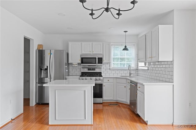5413 Cranston Ct, Henrico, VA 23059 - kitchen featuring appliances with stainless steel finishes, light countertops, a chandelier, decorative backsplash, and white cabinetry