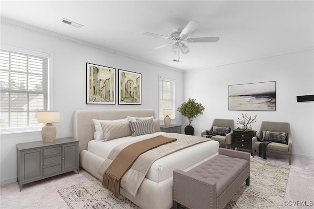 5413 Cranston Ct, Henrico, VA 23059 - bedroom with light colored carpet, ornamental molding, and a ceiling fan