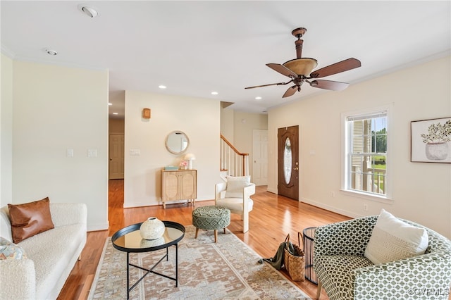6125 Trinity Church Rd, Dinwiddie, VA 23833 - living area featuring light wood-type flooring, stairway, ceiling fan, and recessed lighting