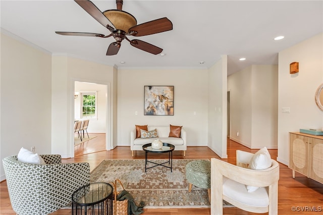 6125 Trinity Church Rd, Dinwiddie, VA 23833 - living room featuring wood finished floors, a ceiling fan, crown molding, and recessed lighting