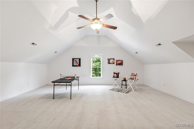 6125 Trinity Church Rd, Dinwiddie, VA 23833 - recreation room featuring light carpet, vaulted ceiling, and ceiling fan