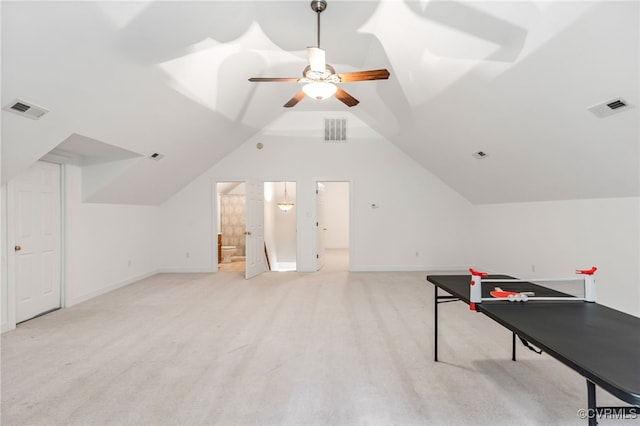 6125 Trinity Church Rd, Dinwiddie, VA 23833 - recreation room featuring vaulted ceiling, light carpet, and ceiling fan