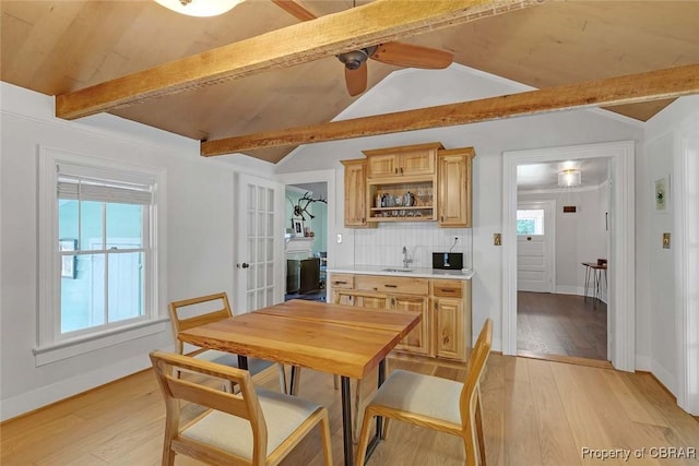 186 Bay Shore Point Rd, Port Haywood, VA 23138 - dining room with light wood finished floors, a ceiling fan, and french doors