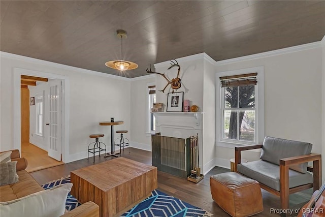 186 Bay Shore Point Rd, Port Haywood, VA 23138 - living area featuring ornamental molding, wood finished floors, and a fireplace