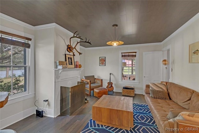 186 Bay Shore Point Rd, Port Haywood, VA 23138 - living room featuring wood finished floors, crown molding, a fireplace, and wood ceiling