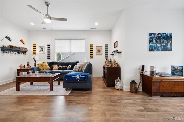 9524 Simonsville Rd, Midlothian, VA 23112 - living area featuring wood finished floors, a ceiling fan, and recessed lighting