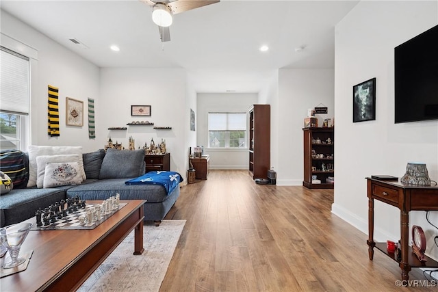 9524 Simonsville Rd, Midlothian, VA 23112 - living room featuring light wood finished floors, ceiling fan, and recessed lighting