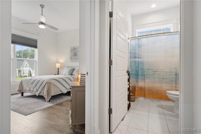 9524 Simonsville Rd, Midlothian, VA 23112 - bedroom featuring light marble finish floors, ensuite bathroom, recessed lighting, and ceiling fan
