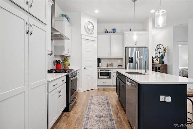 9524 Simonsville Rd, Midlothian, VA 23112 - kitchen featuring stainless steel appliances, tasteful backsplash, light countertops, white cabinetry, and hanging light fixtures
