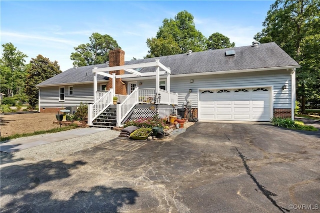 4310 Courthouse Rd, Prince George, VA 23875 - ranch-style house with driveway, a chimney, a garage, a pergola, and brick siding