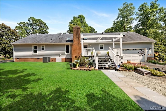 4310 Courthouse Rd, Prince George, VA 23875 - rear view of property with crawl space, a garage, a chimney, a lawn, and a wooden deck