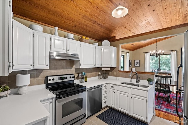 275 Meadowview Ln, Farmville, VA 23901 - kitchen with appliances with stainless steel finishes, under cabinet range hood, wooden ceiling, light countertops, and white cabinetry