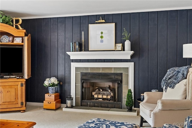 275 Meadowview Ln, Farmville, VA 23901 - carpeted living room featuring a tiled fireplace and wood walls