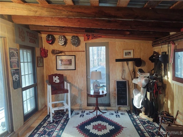 275 Meadowview Ln, Farmville, VA 23901 - dining space featuring wood walls and beamed ceiling
