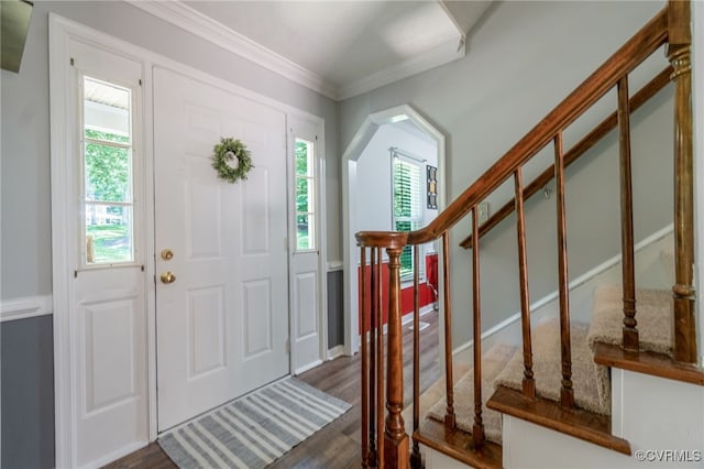 12001 Buckhorn Rd, Chesterfield, VA 23838 - foyer entrance with healthy amount of natural light, stairway, ornamental molding, and dark wood-style flooring