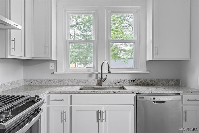 3406 Lawson St, Richmond, VA 23224 - kitchen featuring stainless steel dishwasher, wall chimney range hood, and white cabinets