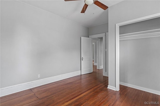 3406 Lawson St, Richmond, VA 23224 - unfurnished bedroom with a closet, dark wood-style floors, and a ceiling fan
