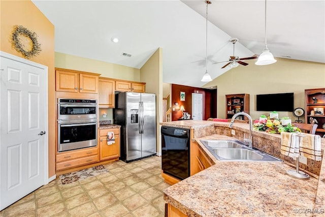 8125 Janice Ave, Mechanicsville, VA 23111 - kitchen featuring stainless steel appliances, light countertops, a ceiling fan, open floor plan, and lofted ceiling