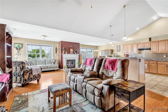 8125 Janice Ave, Mechanicsville, VA 23111 - living area featuring plenty of natural light, high vaulted ceiling, light wood finished floors, and a high end fireplace