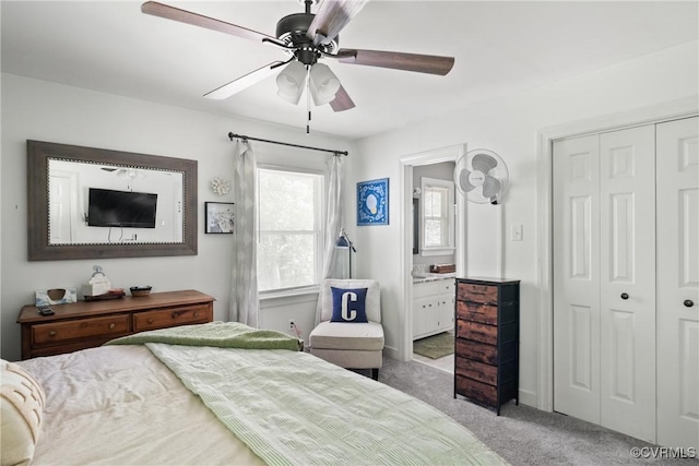 7085 Foxlair Dr, Mechanicsville, VA 23111 - bedroom with carpet flooring, a closet, ensuite bath, and ceiling fan