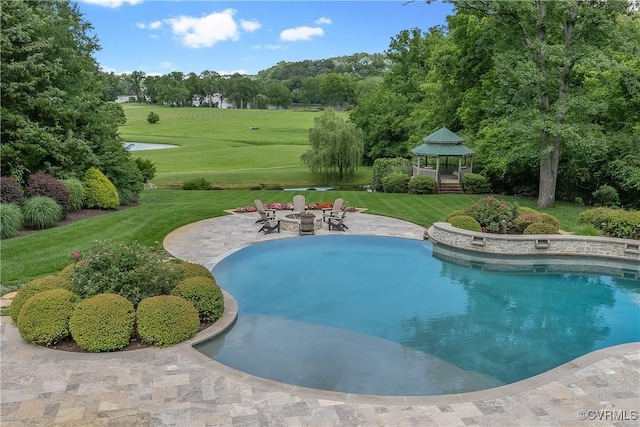 3300 Riverglade Rd, Powhatan, VA 23139 - outdoor pool with a gazebo, a fire pit, a patio, a yard, and view of scattered trees