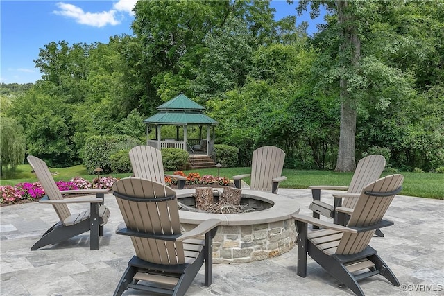 3300 Riverglade Rd, Powhatan, VA 23139 - view of patio / terrace featuring a fire pit, a gazebo, and view of scattered trees