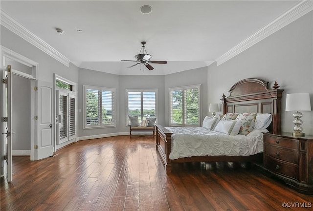 3300 Riverglade Rd, Powhatan, VA 23139 - bedroom with dark wood-style flooring, multiple windows, ornamental molding, access to outside, and a ceiling fan