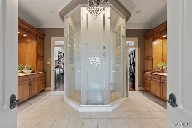 3300 Riverglade Rd, Powhatan, VA 23139 - bathroom featuring a stall shower, a spacious closet, vanity, crown molding, and tile patterned floors