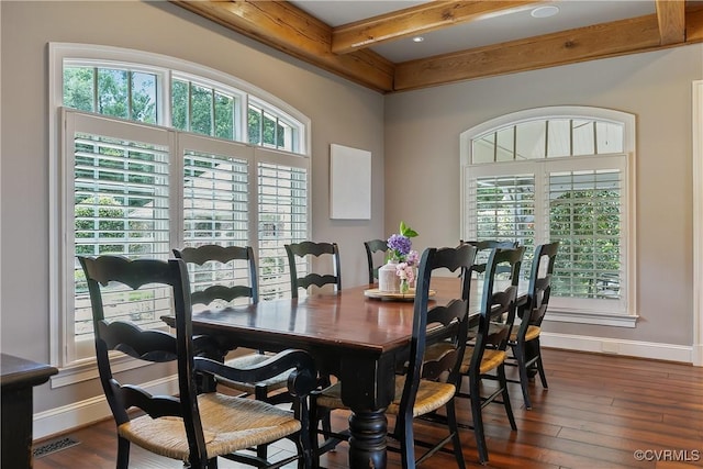 3300 Riverglade Rd, Powhatan, VA 23139 - dining space with beam ceiling and dark wood-type flooring