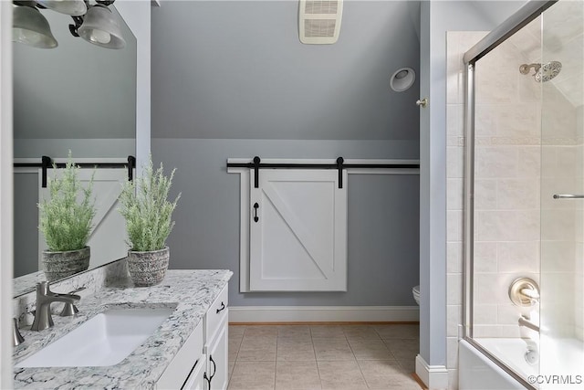 3300 Riverglade Rd, Powhatan, VA 23139 - full bath with vanity, tile patterned flooring, vaulted ceiling, and combined bath / shower with glass door