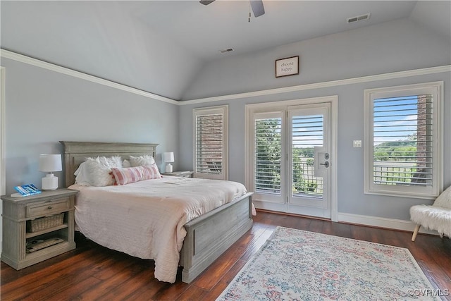 3300 Riverglade Rd, Powhatan, VA 23139 - bedroom with lofted ceiling, access to outside, multiple windows, dark wood-type flooring, and crown molding